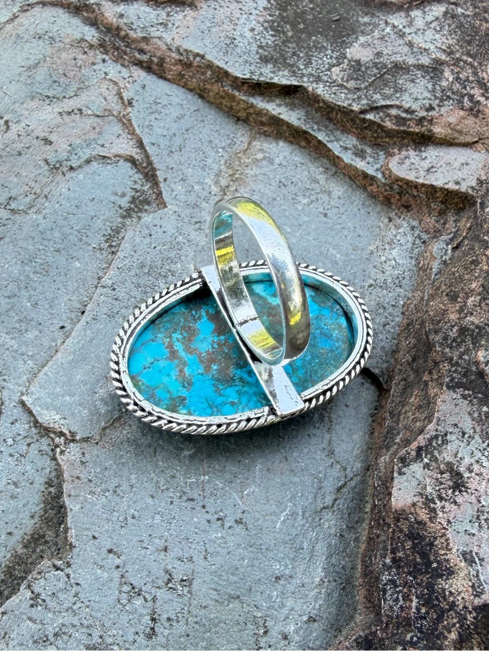 Vintage Chrysocolla Turquoise Colored Oval Silver Statement Ring - Picture 12 of 15